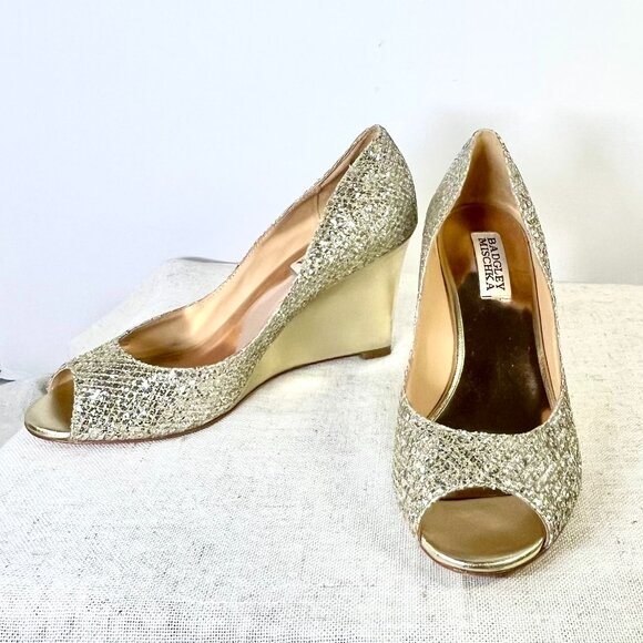Badgley Mischka Gold Glitter Wedge Heels Size 7 1/2 - Picture 3 of 16